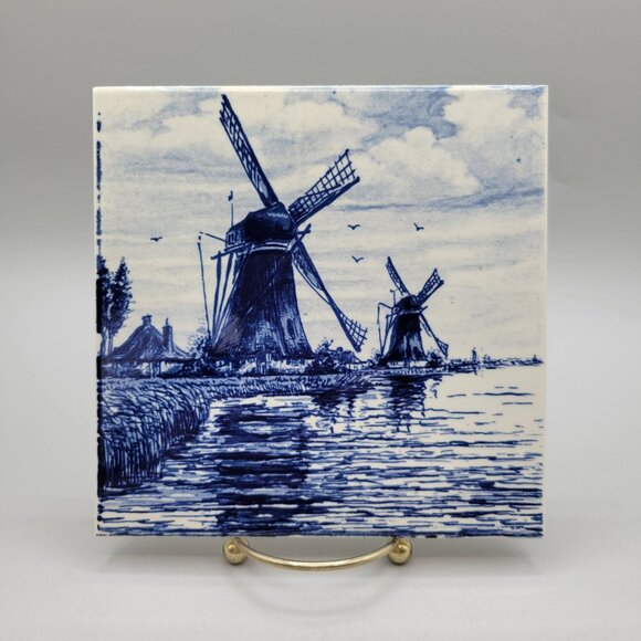 Delft Blue Handpainted Ceramic Tile Windmill Design Made In Holland - Picture 1 of 5